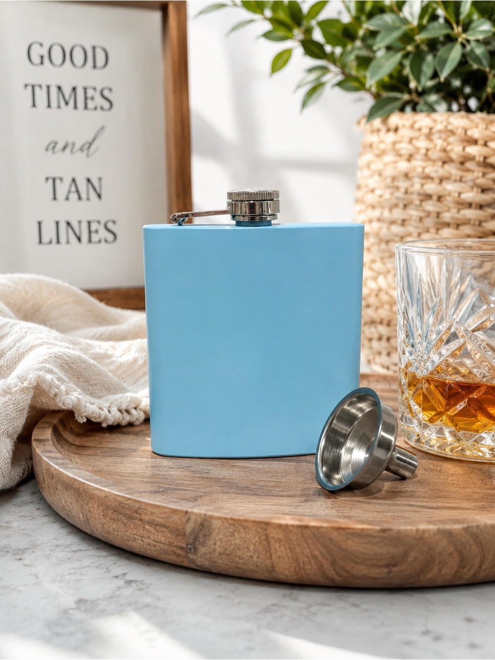 Powder Blue 6 oz Stainless Steel Flask Gift Set w/ Funnel & Boxed